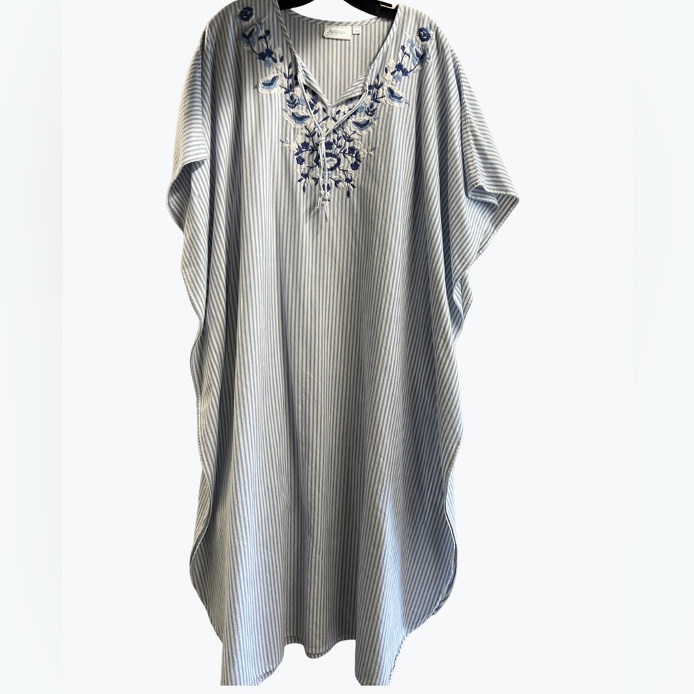 Striped Kaftan with Blue Embroidery